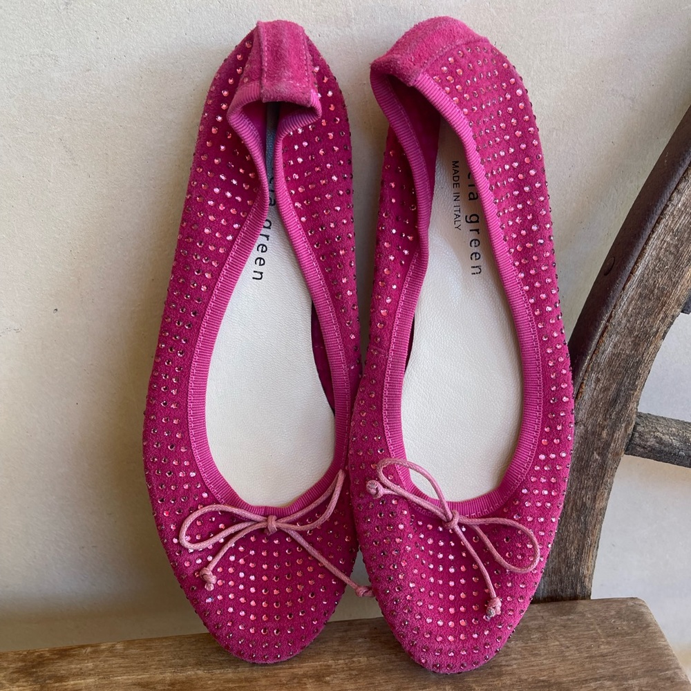 PATRICIA GREEN Designer Pink Comfort Flats Crystals & Bow EU38 US-7.5 ITALY Nice
